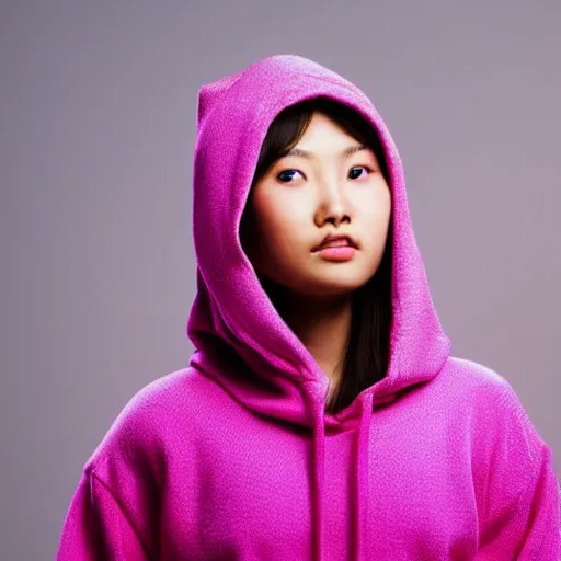 Prompt: asian young woman in pink hoodie, studio photo, close up