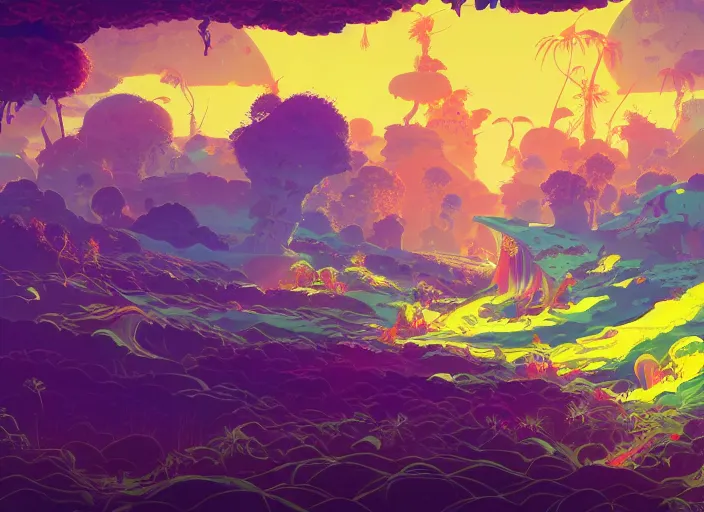 Prompt: psychedelic concept art of a landscape made of bananas, cel shaded, in the style of makoto shinkai and moebius and peter mohrbacher and anton fadeev