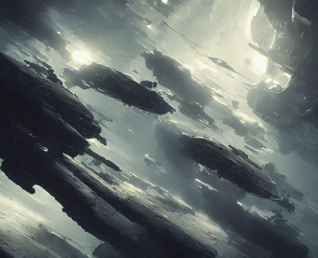 Image similar to sci - fi spaceship in combat, in planet atmosphere and dense fog, explosions, highly detailed, trending on artstation, denis villeneuve