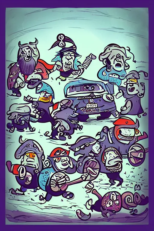 Image similar to “Poster of Blue Mini Cooper Countryman Hybrid with Vikings warriors in a battle. Retro cartoon caricature.”