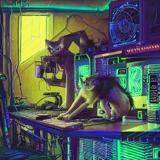 Prompt: cyberpunk goth cat cyborg working on cyberpunk computer in cyberpunk farmers market by william barlowe and pascal blanche and tom bagshaw and elsa beskow and enki bilal and franklin booth, neon rainbow vivid colors smooth, liquid, curves, very fine high detail 3 5 mm lens photo 8 k resolution