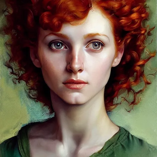 Prompt: hyper realistic painting portrait of a redhead girl with flowing curls and beautiful green eyes, hyper detailed face by stjepan sejic, by norman rockwell, by michael hussar, by roberto ferri, by ruan jia, textured turquoise background