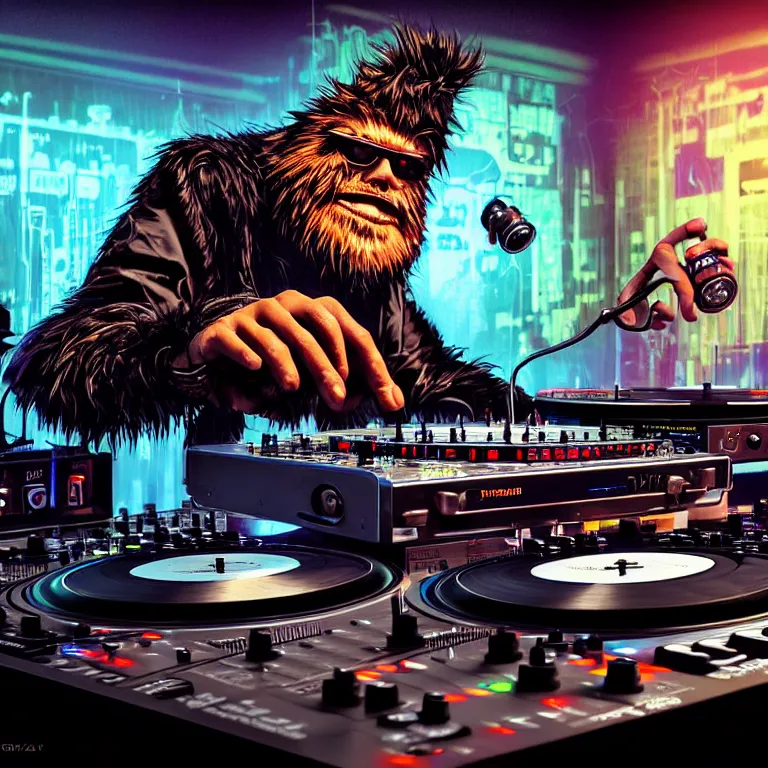 Image similar to a photograph portrait of an anthropomorphic cyberpunk bigfoot dj at the turntables spinning records, detailed render, tape deck, boombox, headphones, epic composition, cybernetics, 4 k realistic, cryengine, realistic shaded lighting, sharp focus, masterpiece, by matteo scalera, gary montalbano, peter elson in the style of the tokyo ghost comic