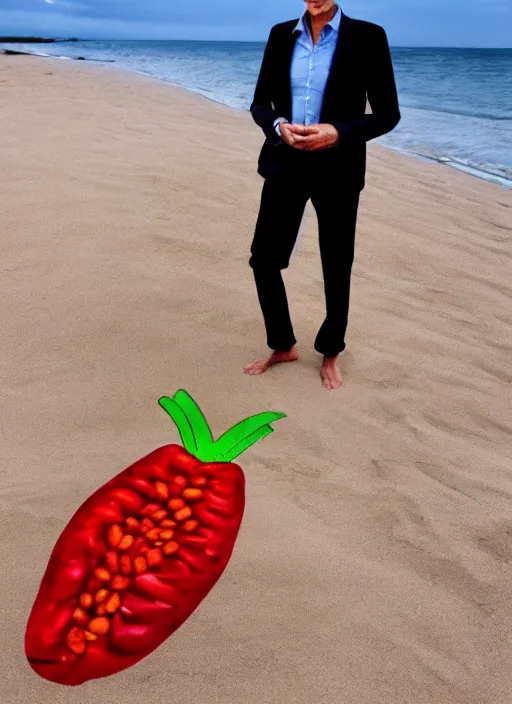 Prompt: jeff goldblum as polymorphic banana tomato raspberry on the sand of a beach