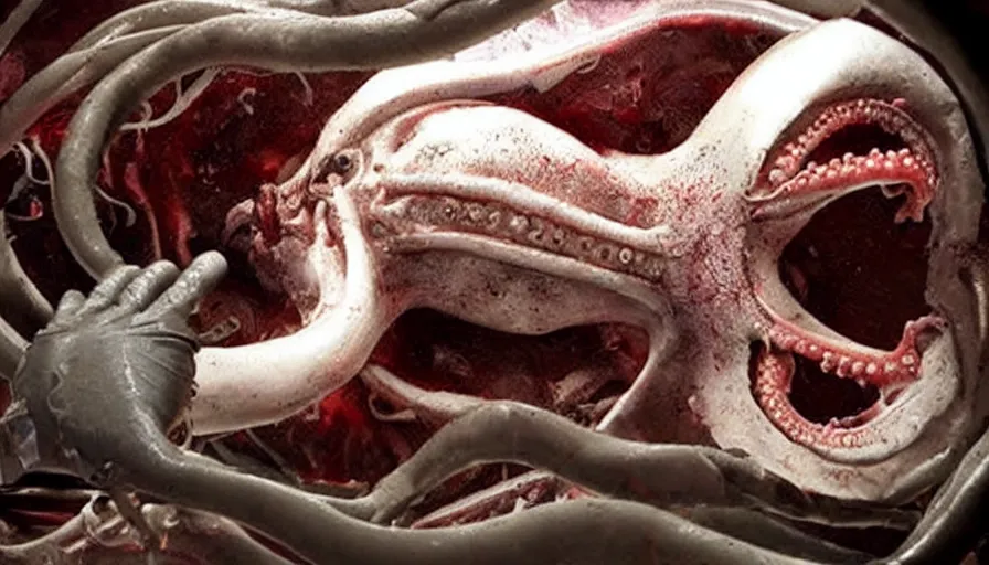 Prompt: Big budget horror movie about a cyborg doing an autopsy on a giant squid's heart