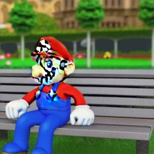 Image similar to 3 d photo of super mario, sitting on a bench with a park behind him, bokeh, shader, anime art style, highly detailed, cel - shaded, colorful, animated, trending