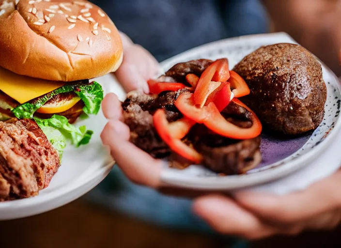 Image similar to dslr food photograph of a hamburger, thanos holding the plate 8 5 mm f 1. 8