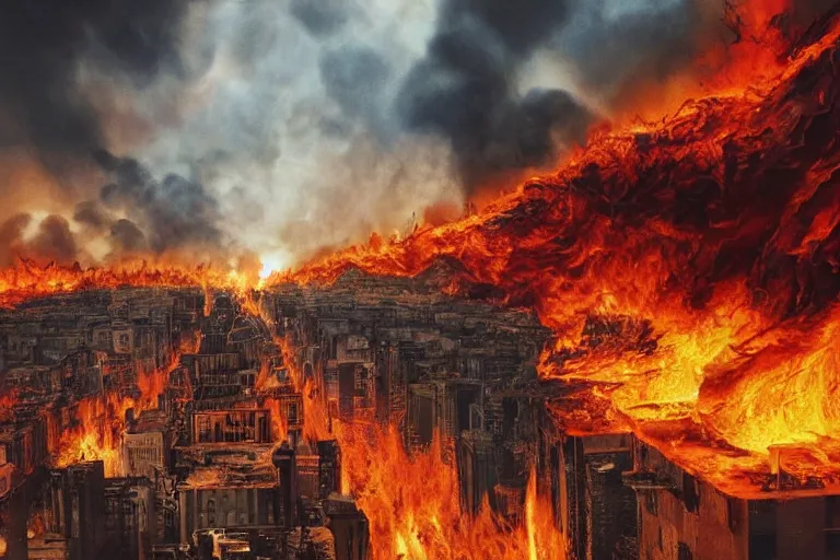 Prompt: destructive fire tornado in the city, photorealistic, highly detailed, sharp focus, vivid, colorful, symmetrical, random, convoluted, mind - blowing, creative, fully functional, end of the world, physics defying, amazing, loud