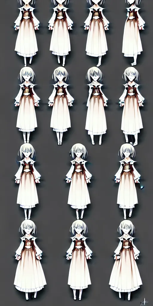 Image similar to A narcoleptic anime girl game character, renaissance style dress, doll-like, character design sheet, detailed eyes, HDR