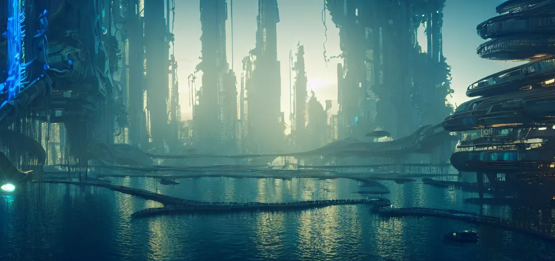 Image similar to cyberpunk civilization underwater built with shinny golden buildings by antoni gaudi, bridges and pipe roads by wlop, underwater light rays, bubbles, old kelp forest, corals at flynn reef, national geographic, rule of thirds, octane render sidefx isotropix nvidia omniverse materialx osl redshift arnold unreal engine, hyper detailed, sharp focus