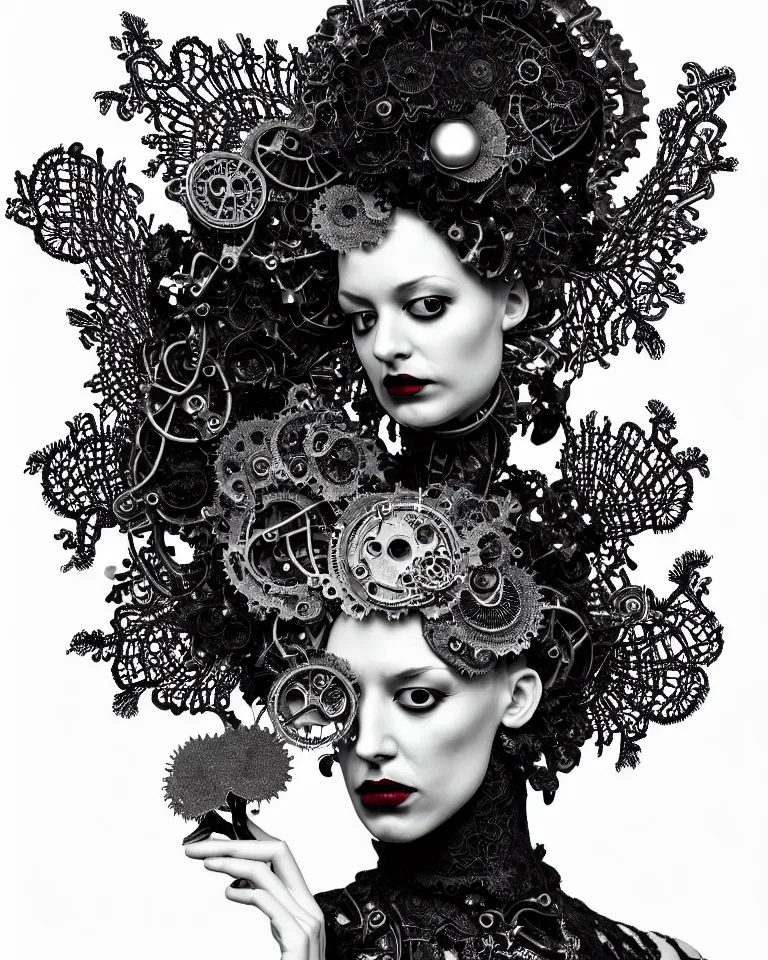 Prompt: surreal black and white photo portrait of complex bio-mechanical beautiful young female vegetal-cyborg with a Mandelbrot fractal metal fine lace face, curled silver hair, bright red lips, 150 mm lens, soft rim light, fine metal floral foliage super big lace collar by Alexander McQueen, high fashion, haute couture, rococo, steampunk, silver filigree details, anatomical, facial muscles, cable wires, microchip, elegant, hyper realistic, octane render, unreal engine, in the style Dora Maar, volumetric lighting, 8k, radiant energy aura, retrofuturistic depressing hopeless vibe