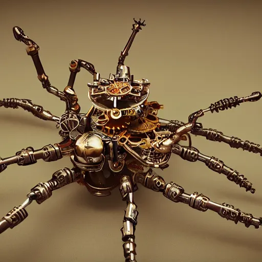 Image similar to steampunk spider robot with eight legs and gears, insane details, sharp focus, octane render