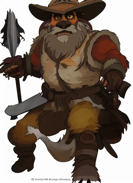 Prompt: bugbear ranger, black beard, dungeons and dragons, hunters gear, flames, character design on white background, by studio ghibli, makoto shinkai