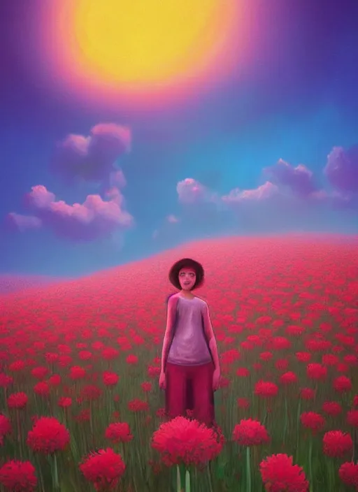 Image similar to portrait of a woman, face made of giant carnation, flower field, surreal photography, sunset dramatic light, impressionist painting, colorful clouds, large sky, digital painting, artstation, simon stalenhag