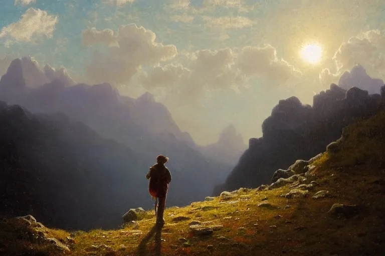 Prompt: a traveler wandering trough the mountains looking at the clouds, very detailed, focused, oil painting, cinematic lighting, albert bierstadt, trending on artstation, colorful, canvas, sunset, hans dahl, theodor kittelsen, hermann hendrich, national geographic, Konstantin Yakovlevich Kryzhitsky, greg rudkowski, beautiful nature, breathtaking