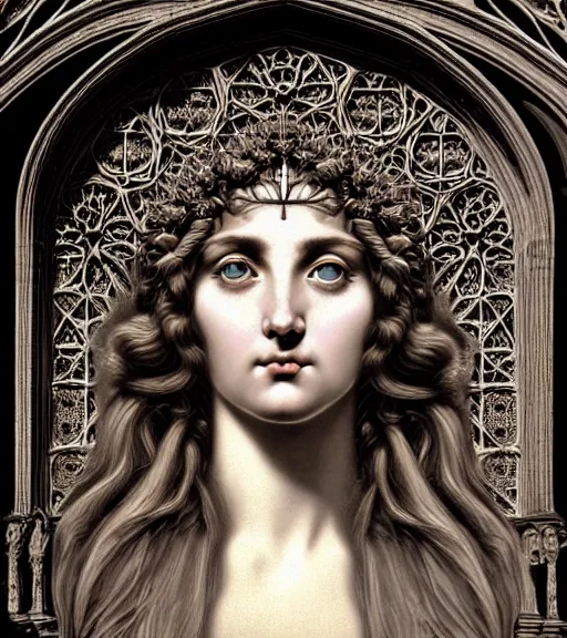 Image similar to hyperrealistic detailed face portrait of a beautiful long haired young goddess morphing into a gothic cathedral, authentic ornamental architecture, art by ernst haeckel, john william godward, h. r. giger, gothic, neo - gothic, heavily ornamental,