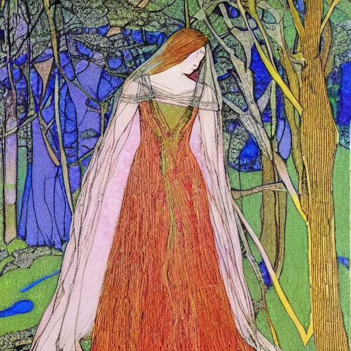 Prompt: a painting of a woman in a forest, a silk screen by harry clarke, deviantart, arts and crafts movement, pre - raphaelite, mixed media, creative commons attribution