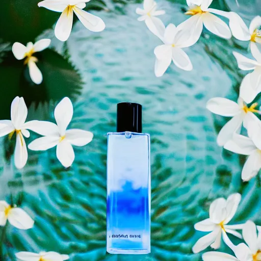 Image similar to centered bright perfume bottle standing in clear blue rippling water surrounded by a plethora of white flowers and tropical leaves and fauna upfront, with dreamy bright blue sky and clouds in the background, softly - lit, soft - warm, zen, light, modern minimalist f 2 0 clean