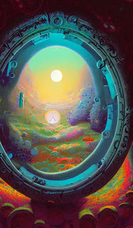 Prompt: Keyhole, Ultima Moongate, Wonderland Portal, mixed media, digitally painted by Beeple, Kilian Eng and Thomas Kinkade, centered, uncropped