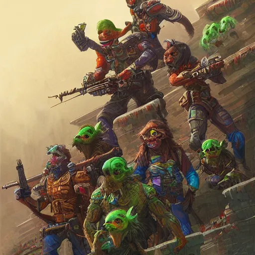 Prompt: goblin recon squad colorful, fantasy, intricate, highly detailed, digital painting, hq, trending on artstation, illustration, style of stanley artgerm and greg rutkowski and dan mumford