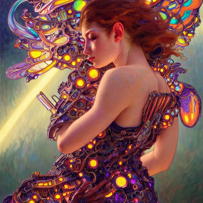 Image similar to bright psychedelic portrait of organic cyborg wings, diffuse lighting, fantasy, intricate, elegant, highly detailed, lifelike, photorealistic, digital painting, artstation, illustration, concept art, smooth, sharp focus, art by John Collier and Albert Aublet and Krenz Cushart and Artem Demura and Alphonse Mucha