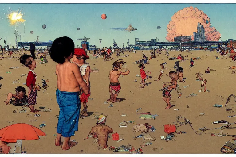 Prompt: kids playing at the beach, huge atomlc explosion in the background, wide angle shot, by norman rockwell, by mattias adolfsson,, oil on canvas by moebius and satoshi kon, hd, 4 k, high quality,