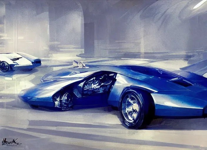 Prompt: luxurious white and royal blue sportscar by John Berkey and Vincent Di Fate, rule of thirds, concept car, beautiful, in intergalactic hq, ethereal lighting, smooth,