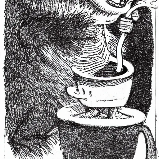 Prompt: highly detailed illustration of a monster smiling and dancing around a beautiful steaming cup of coffee, style of Japanese illustration, Maurice Sendak, Tove Jansson