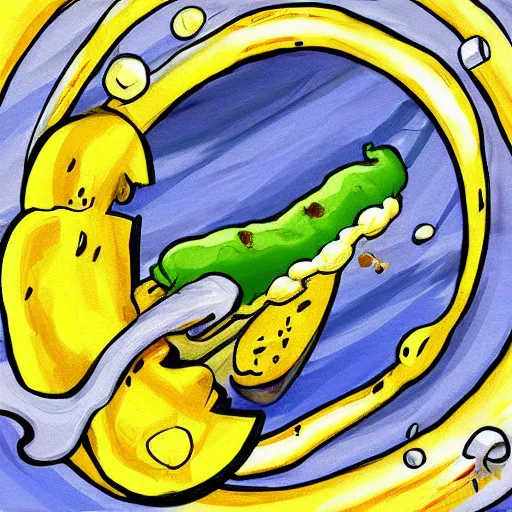 Image similar to Cartoon art of a hungry banana eating a pickle on Saturn, digital art, detailed,