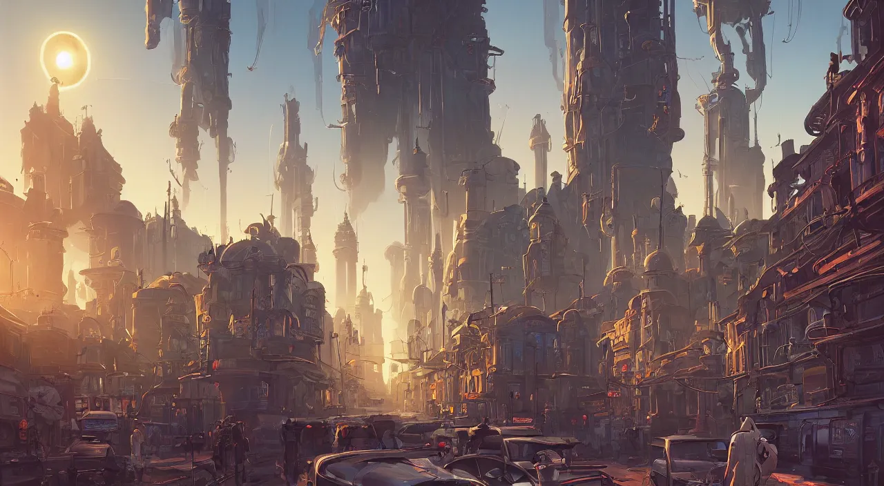 Prompt: a street level painting towards the horizon with high detail, sci - fi colorful victorian city with a victorian astronaut in the foreground at sunset with sharp shadows by tyler edlin and sparth, wide angle lens, 4 k, vray, art nouveau influences. roger deakins, cinematic cinematography.
