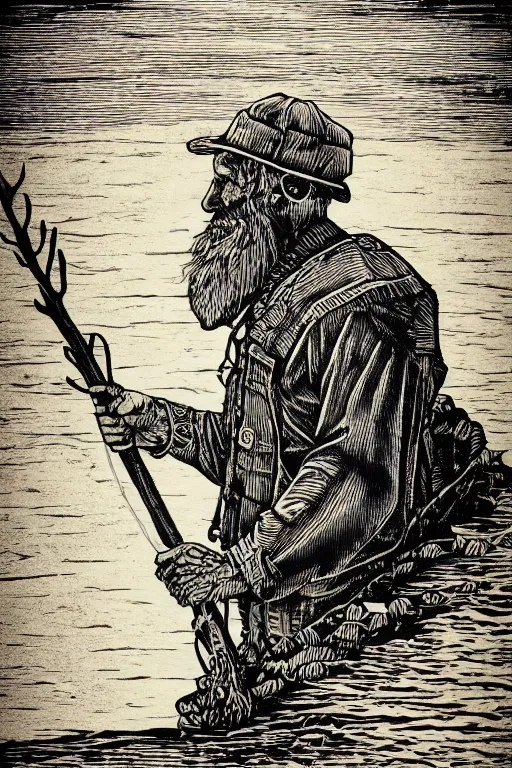 Image similar to a beautiful wood engraving on paper of an old fisherman, 8 k, frostbite 3 engine, cryengine, dof, trending on artstation, digital art, crepuscular ray