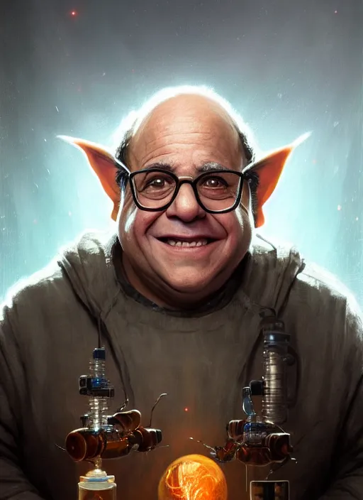 Image similar to Portrait of Danny Devito biopunk scientist with elven ears, He is working on trinkets on a table, realistic, detailed, 4k by Greg Rutkowski Mark Arian trending on artstation