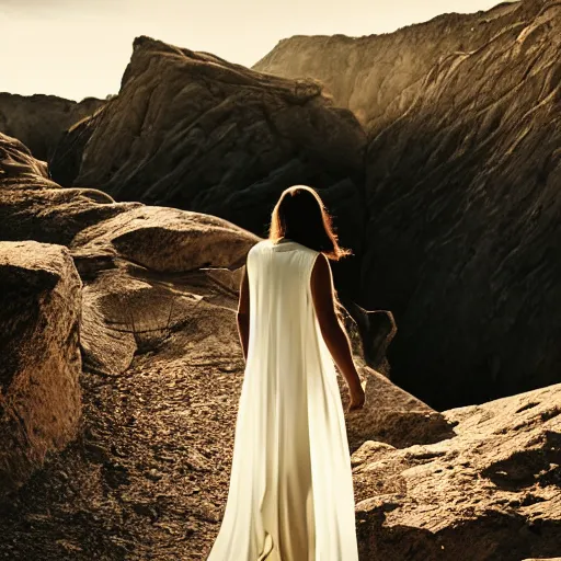 Image similar to photo, a woman in a giant flowing incredibly long dragging illuminated white dress, standing inside a dark western rocky scenic landscape, volumetric lighting