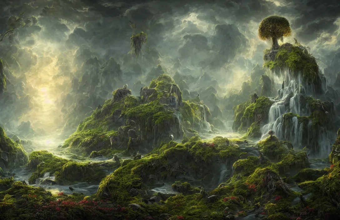 Prompt: a hymn of beautiful mysthic landscape and a huge skull overgrown, in the style of dylan cole, martin dechambault, detailed dreamscape, hyperreal phantastic, intricate details in environment, golden ratio, high aestehtic, waterfalls and lakes, cinematic light dramatic light, lightrays, flying birds in distance, trending on artstation