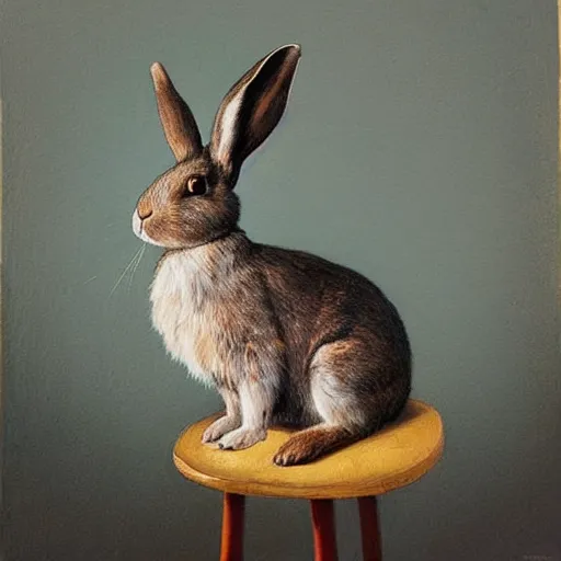 Prompt: a rabbit sitting on a chair, dramatic lighting, in the style of ilya repin