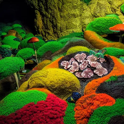 Prompt: a colorful fungus garden in a cave, birds eye view, Hiroo Isono, dark, foggy, cavern, shy beetles, river running through it