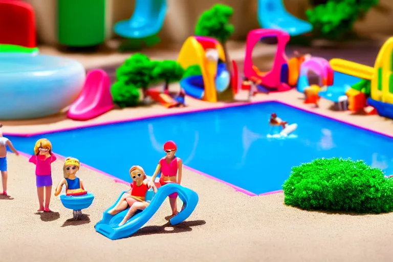 Image similar to fisher price public pool, california scene from tv show hyper detailed 5 5 mm 8 5 mm, toy photography, made out of plastic