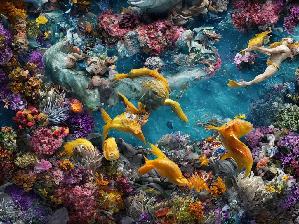 Prompt: a sculpture of fish ocean intertwined, a lovely cornucopia of flowers and human body parts, body parts, authentic, highly detailed, octane render, cinematic, shock, sharp focus, ball, an independent psycho,