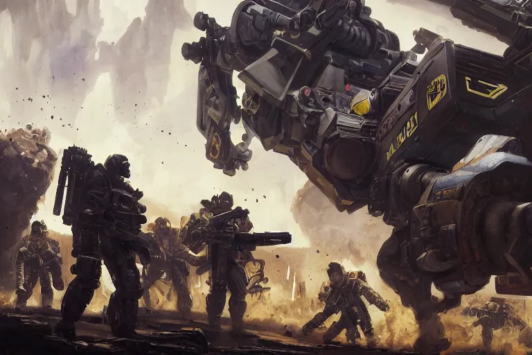 Prompt: intense dramatic still of a black scifi power loader and a ragtag group of miners and factory workers with improvised weapons and firearms, on the surface of an asteroid, outside of a high tech industrial building, oil painting by charles frederic ulrich, jason ryan artstation, greg rutkowski, trending on artstation, incredible detail