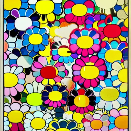 Image similar to silhouette of head exploding into flowers, bright colors, Takashi Murakami, Minimalist,