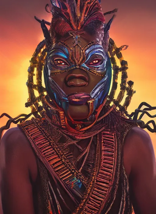 Prompt: highly detailed digital painting of afrofuturistic wakandan voodoo mask biocircuitry, sinister, artstation, concept art, matte, sharp focus, illustration, dramatic, cinematic sunset, hearthstone, art by artgerm and greg rutkowski and alphonse mucha