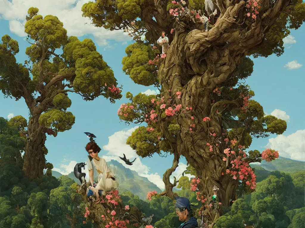 Prompt: a valley with trees in flower. giant birds flying. full - length, oil painting in a modern style, very detailed, painted by caravaggio, sachin teng, thomas kindkade, enki bilal, tony sandoval, norman rockwell, tom bagshaw.