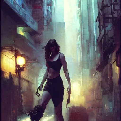 Image similar to alexandra daddario, hyperrealistic full figure, bladerunner street alley, art of elysium by frank frazetta and by jeremy mann and by alphonse mucha, fantasy art, photo realistic, dynamic lighting, artstation, full figure poster, volumetric lighting, very detailed face, 4 k, award winning