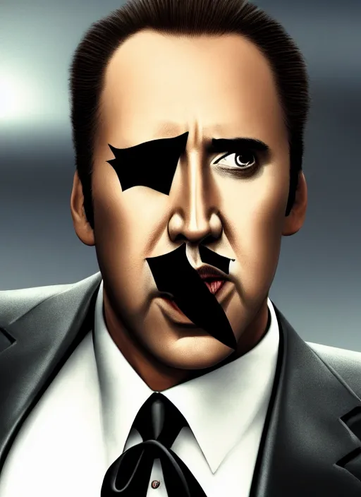 Prompt: promotional image of nicolas cage dressed as batman, smooth, trending on artstation, promotional artwork, film still, elegant, photorealistic facial features, intricate, detailed face, cinematic lighting