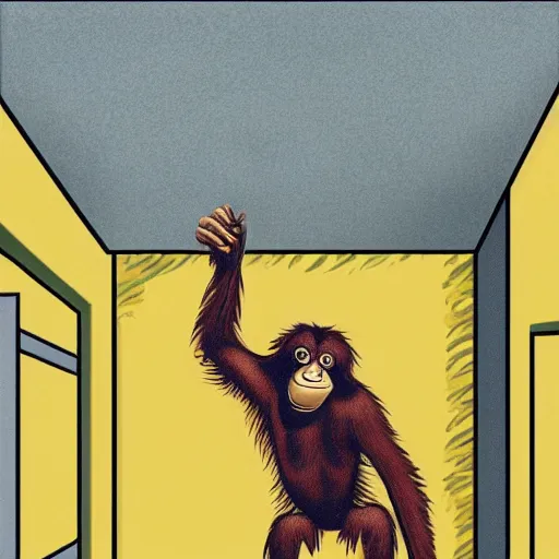 Prompt: do you want to draw an orangutan in an empty 9 0 s office building with no windows doors or furniture the building has brown carpet and yellow wallpaper as an anime?