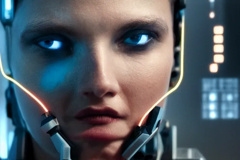 Image similar to VFX movie of a cyborg hacker closeup portrait in high tech compound, beautiful natural skin neon lighting by Emmanuel Lubezki