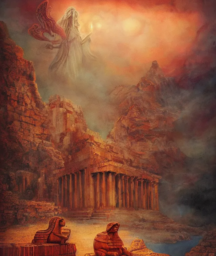 Prompt: a mysterious sphinx guarding a greek temple, fantasy artwork, warm colors, by seb mckinnon