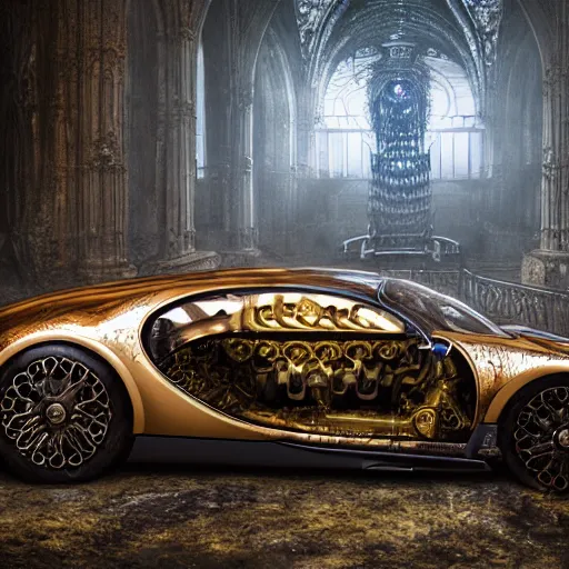 Prompt: biomechanical shiny steampunk bugatti chiron with (glowing) lights parked in ancient mystic woods, gothic and baroque, brutalist architecture, ultradetailed, creepy ambiance, fog, artgerm, giger, Intricate by Ellen Jewett and Josan Gonzalez and Giuseppe Arcimboldo