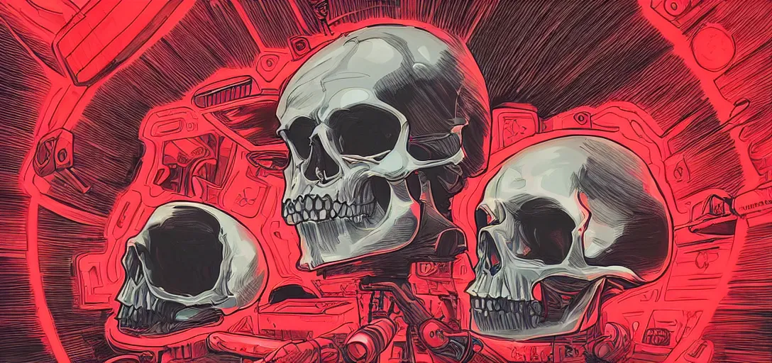 Prompt: “a skull inside a capsule radiating red light in a spacecraft, inside a dark room, in the graphic style of Patrick Gleason, detailed art, artstation, comic art ”