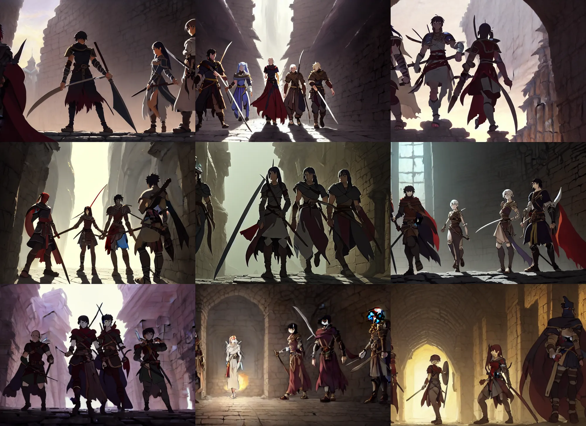 Prompt: a film still of an dnd, warrior and rogue and mage and cleric walking in dungeon, finely detailed features, closeup at the faces, perfect art, at an ancient city, gapmoe yandere grimdark, trending on pixiv fanbox, painted by greg rutkowski makoto shinkai takashi takeuchi studio ghibli, akihiko yoshida